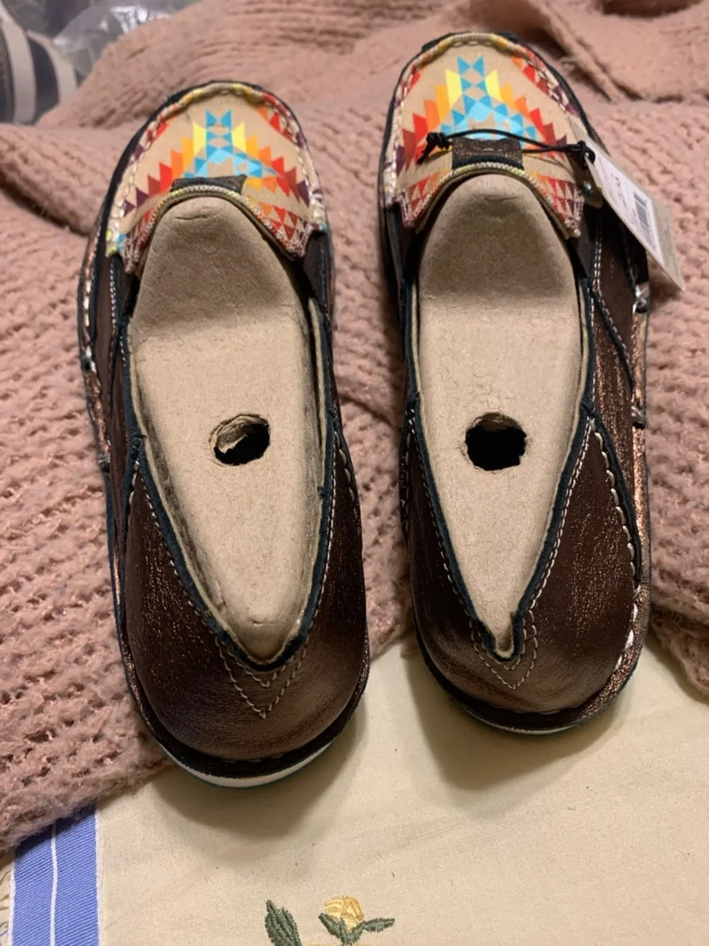 Ariat Kids Brown Moccasins with Multicolor Aztec Toe